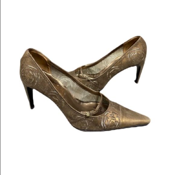 Chanel Brown-Gold Laser-Cut Pointed Toe Pumps - Picture 1 of 13